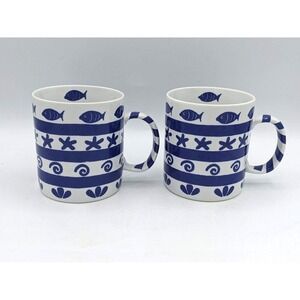 2 Set Crate & Barrel Coastal Fish 12oz Coffee Tea Mugs Blue White Nautical Beach